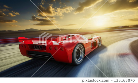 Red supercar speeds along winding track at sunset 125165070