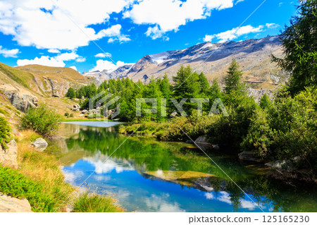 View of Grindji Lake (Grindjisee) and Swiss Alps at summer on Five-lake trail in Zermatt, Switzerland 125165230