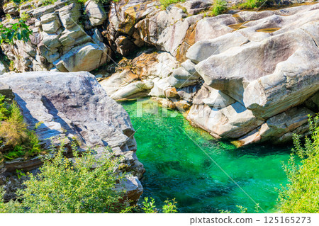 View of the Verzasca river in Lavertezzo, Verzasca Valley, Ticino Canton, Switzerland 125165273