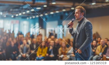 Young man delivers engaging presentation to captivated audience at community event 125165319