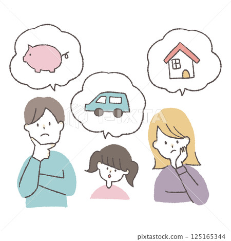 A family worried about managing their finances (upper body) | Loosely drawn character illustration set | Savings, car, home A family worried about managing their finances (upper body) | Loosely drawn character illustration set | Savings, car, home 125165344