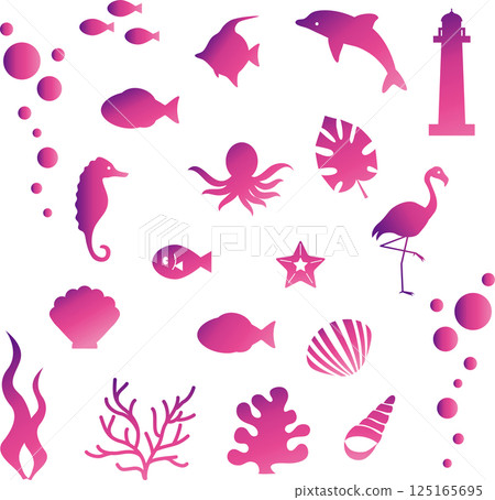 夏季海洋生物植物圖示裝飾剪影時尚可愛插畫素材集 125165695
