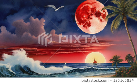 夜晚的滿月漂浮在海上 125165834