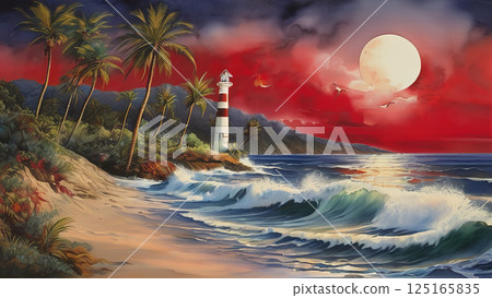 Full moon floating on the sea at night 125165835