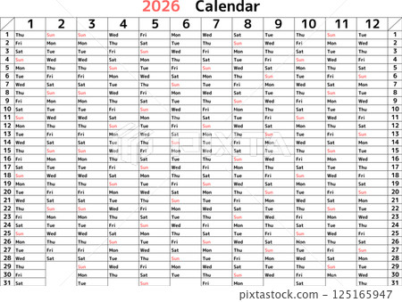 A vertical calendar with only Sundays in color for 2026 125165947