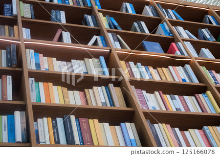 Scenery of books piled up on bookshelf Scenery of books piled up on bookshelf 125166078