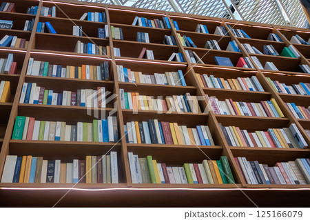 Scenery of books piled up on bookshelf Scenery of books piled up on bookshelf 125166079