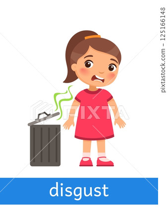 Disgust - concept of emotion.Little girl does not like the bad smell from the trash can. Learning English language. Children psychology. Cartoon character illustration Disgust - concept of emotion.Little girl does not like the bad smell from the trash can. Learning English language. Children psychology. Cartoon character illustration 125166148