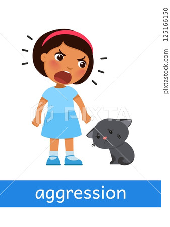 Aggression - concept of emotion. Little girl screaming at sad black kitten. Learning English language. Child psychology. Cute cartoon characters Aggression - concept of emotion. Little girl screaming at sad black kitten. Learning English language. Child psychology. Cute cartoon characters 125166150