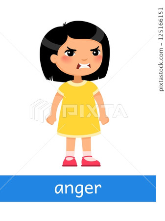 Anger - concept of emotion. Little girl with angry expression. Learning English language. Children psychology. Cute cartoon character Anger - concept of emotion. Little girl with angry expression. Learning English language. Children psychology. Cute cartoon character 125166151