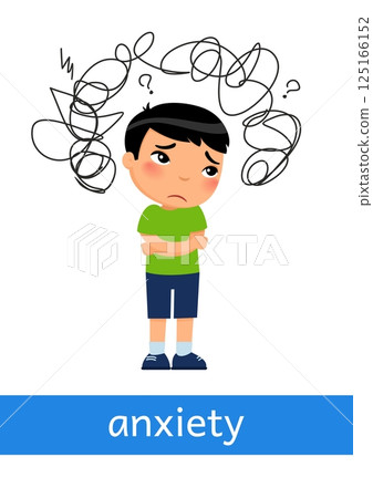 Anxiety - concept of emotion. Sad and confused Asian boy. Learning English language. Children psychology. Cute cartoon character 125166152