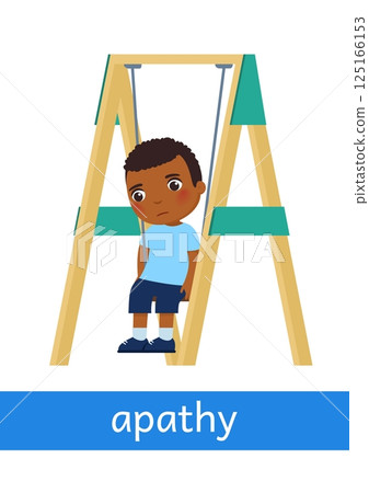 Apathy - concept of emotion. Little boy with sad expression sitting on a swing. Learning English language. Children psychology. Cartoon character illustration Apathy - concept of emotion. Little boy with sad expression sitting on a swing. Learning English language. Children psychology. Cartoon character illustration 125166153