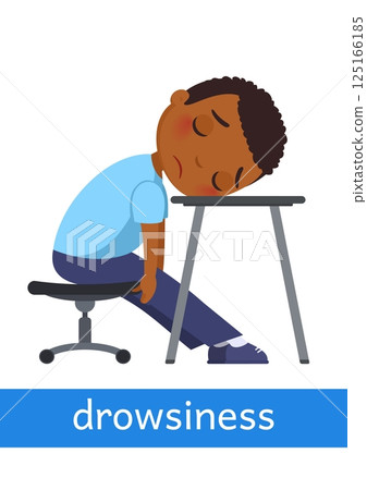 Drowsiness - concept of emotion. Little boy sits on a chair and puts his head on the table and sleep. Learning English language. Children psychology. Cartoon character illustration 125166185