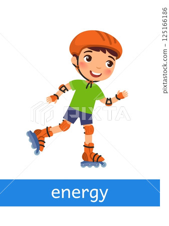 Energy - concept of emotion. Boy roller skating. Learning English language. Children psychology. Cartoon character illustration 125166186