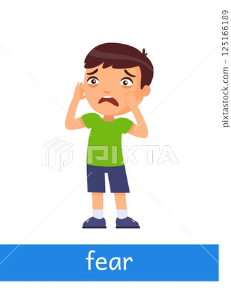 Fear - concept of emotion. Little boy scared. Learning English language. Children psychology. Cartoon character illustration 125166189