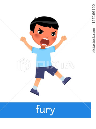 Fury - concept of emotion. Little boy with strong anger expression. Learning English language. Children psychology. Cartoon character illustration Fury - concept of emotion. Little boy with strong anger expression. Learning English language. Children psychology. Cartoon character illustration 125166190