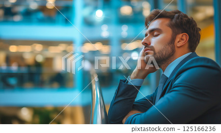 Young professional reflects thoughtfully while leaning on balcony railing in modern office 125166236