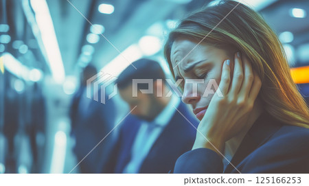 Woman shows signs of distress while waiting for a train in a crowded modern subway station during peak commuting hours 125166253