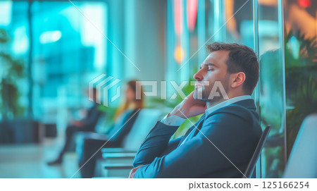 Businessman resting in a modern lounge during a busy day in a corporate environment 125166254