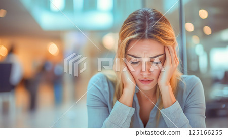 Stress and anxiety expressed by a young woman in an indoor public space 125166255