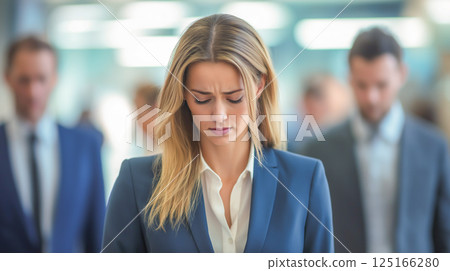 Professional woman in formal attire walks with concern in busy office 125166280