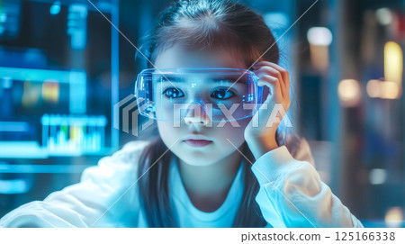 A kid girl learns online using futuristic technology. The concept of the integration of advanced digital tools in education, and learning experiences for the future generation. Generative AI. 125166338