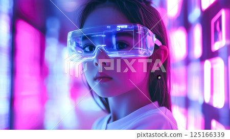 A kid girl learns online using futuristic technology. The concept of the integration of advanced digital tools in education, and learning experiences for the future generation. Generative AI. 125166339