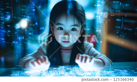 A kid girl learns online using futuristic technology. The concept of the integration of advanced digital tools in education, and learning experiences for the future generation. Generative AI. 125166340