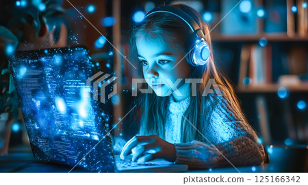 A kid girl learns online using futuristic technology. The concept of the integration of advanced digital tools in education, and learning experiences for the future generation. Generative AI. 125166342