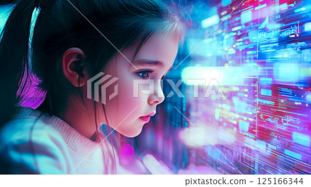 A kid girl learns online using futuristic technology. The concept of the integration of advanced digital tools in education, and learning experiences for the future generation. Generative AI. 125166344
