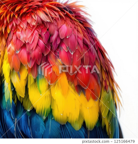 Vibrant Colorful Feathers of a Tropical Bird on a White Background 125166479