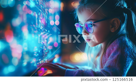 A kid girl learns online using futuristic technology. The concept of the integration of advanced digital tools in education, and learning experiences for the future generation. Generative AI. 125166516