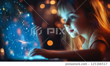 A kid girl learns online using futuristic technology. The concept of the integration of advanced digital tools in education, and learning experiences for the future generation. Generative AI. 125166517