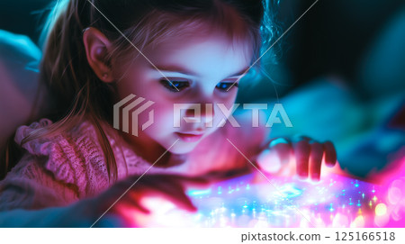 A kid girl learns online using futuristic technology. The concept of the integration of advanced digital tools in education, and learning experiences for the future generation. Generative AI. 125166518