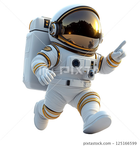 cheerful astronaut in spacesuit pointing while floating in space 125166599