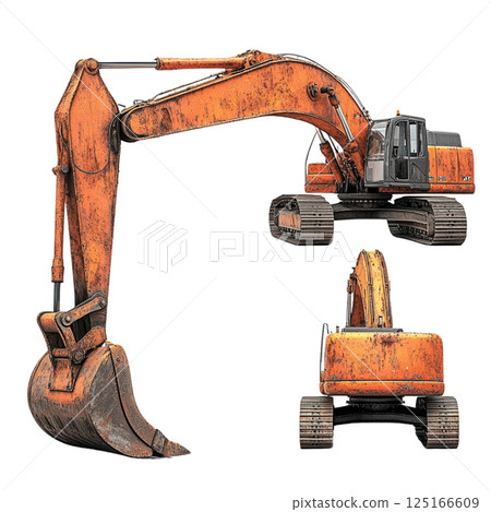 Heavy orange excavator with worn appearance, ideal for construction projects 125166609
