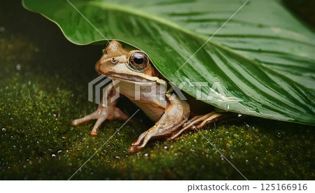 Macro cinematic photo of a lonely frog standing under a big leaf wet with rain 125166916