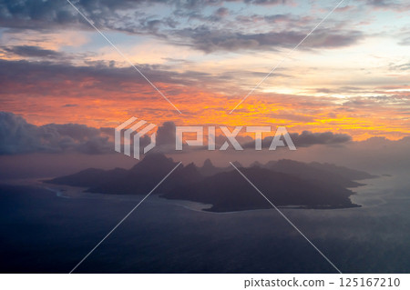 Aerial view of Moorea island at sunset, French Polynesia 125167210