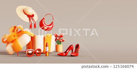 3d open gift box with women accessories and cosmetic. Fashion shop banner with red shoes, bag, hat, sunglasses, lipstick and flowers render background. Holiday sale promotion design. 3D illustration 3d open gift box with women accessories and cosmetic. Fashion shop banner with red shoes, bag, hat, sunglasses, lipstick and flowers render background. Holiday sale promotion design. 3D illustration 125168074