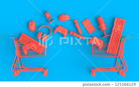 Lying gamer gears like mouse, keyboard, joystick, headset, VR in shopping carts 125168129