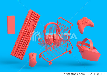 Gamer gears like mouse, keyboard, joystick, headset, VR and shopping carts Gamer gears like mouse, keyboard, joystick, headset, VR and shopping carts 125168140