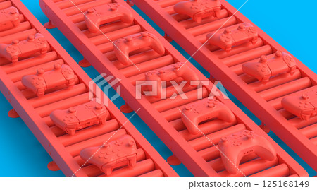 Set of gamer joysticks or gamepads on factory line on monochrome background 125168149