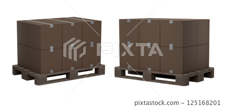 Set of wooden pallet for warehouse cargo storage with cardboard boxes on white Set of wooden pallet for warehouse cargo storage with cardboard boxes on white 125168201