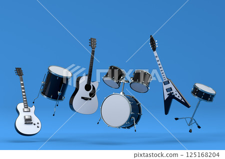 Set of electric acoustic guitars and drums with cymbals on blue background 125168204