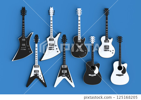 Set of electric acoustic guitars isolated on blue background. 125168205