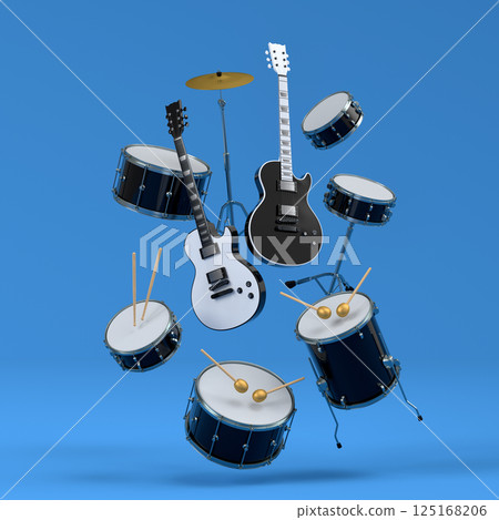 Set of electric acoustic guitars and drums with cymbals on blue background 125168206