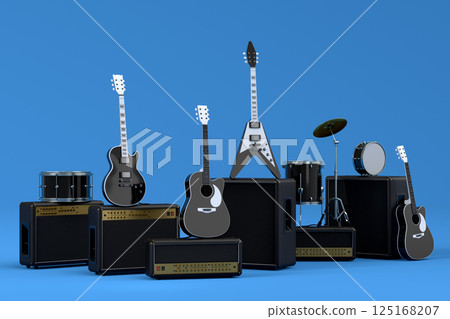 Set of electric acoustic guitars, amplifiers and drums with cymbal on blue 125168207