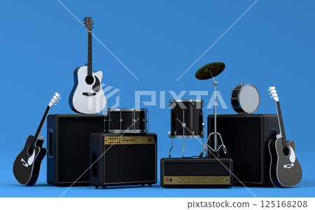 Set of electric acoustic guitars, amplifiers and drums with cymbal on blue 125168208