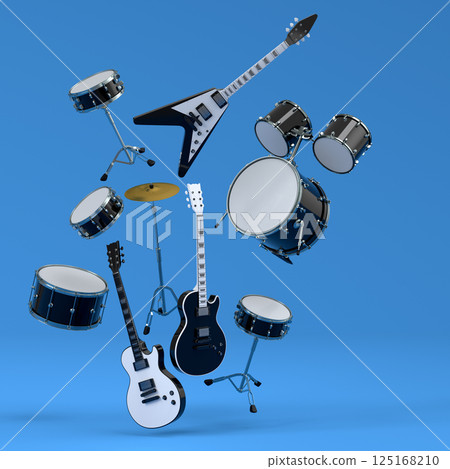 Set of electric acoustic guitars and drums with cymbals on blue background 125168210