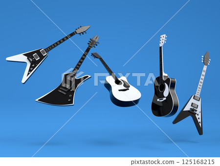 Set of electric acoustic guitars isolated on blue background. Set of electric acoustic guitars isolated on blue background. 125168215